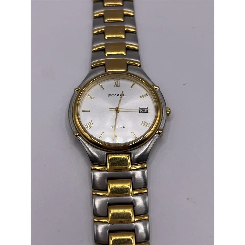 Fossil Steel Men's Watch  FS-2700 Stainless‎ Two Tone Band- New Battery